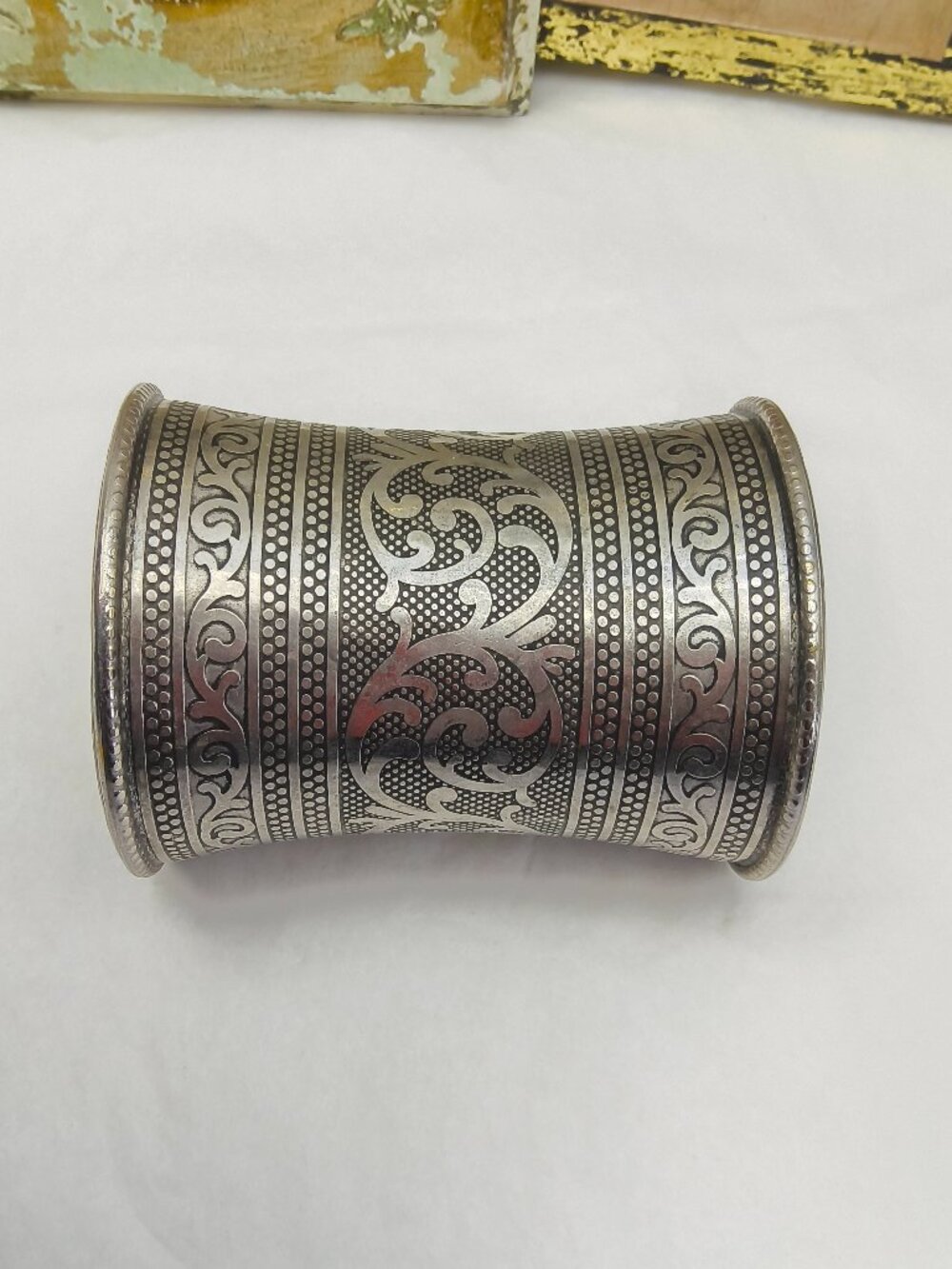 Vintage Engraved Silver Plated Brass Tribal Cuff Bracelet 7 inch Wrist